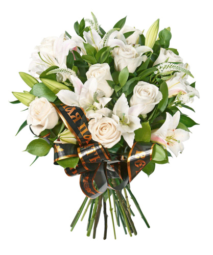 Траурный букет из белых роз и лилий