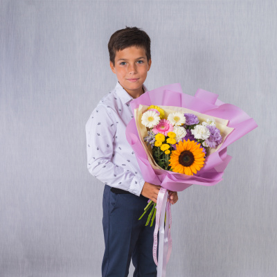 Букет в школу с подсолнухом "До свиданья, лето!" N 38164